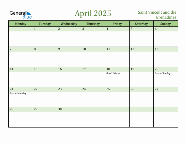 April 2025 Calendar with Saint Vincent and the Grenadines Holidays