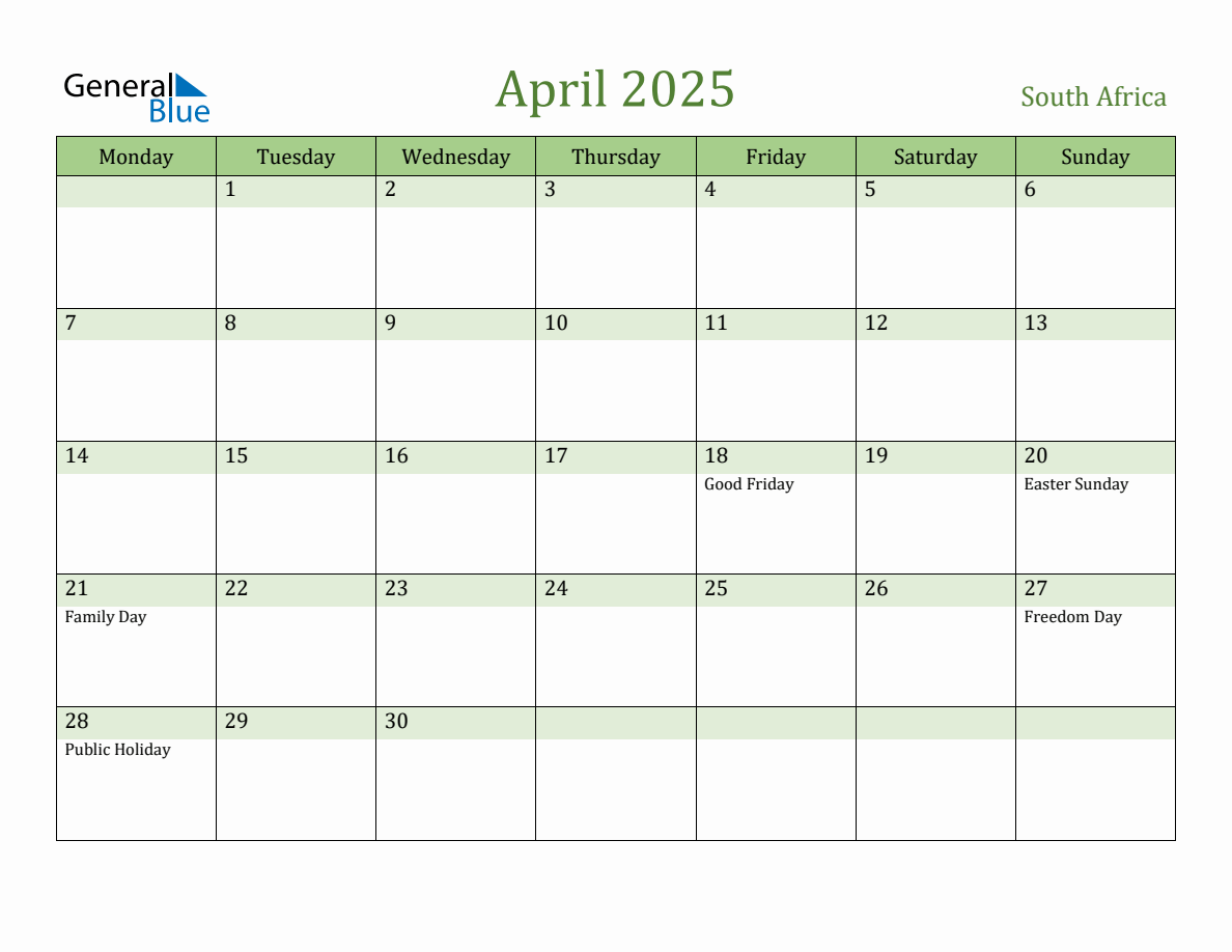 Fillable Holiday Calendar for South Africa - April 2025 (Monday Start)