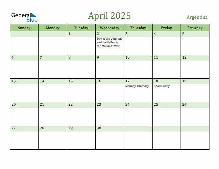 April 2025 Calendar with Argentina Holidays