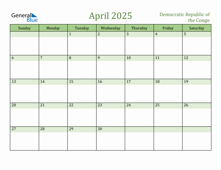 April 2025 Calendar with Democratic Republic of the Congo Holidays