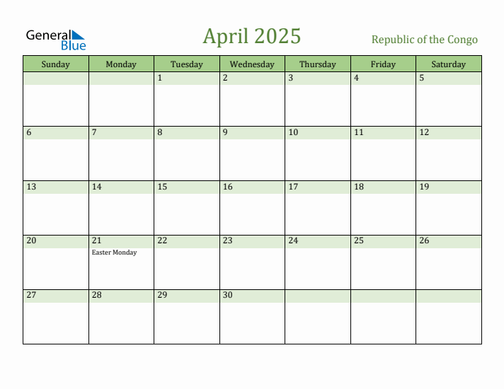 April 2025 Calendar with Republic of the Congo Holidays