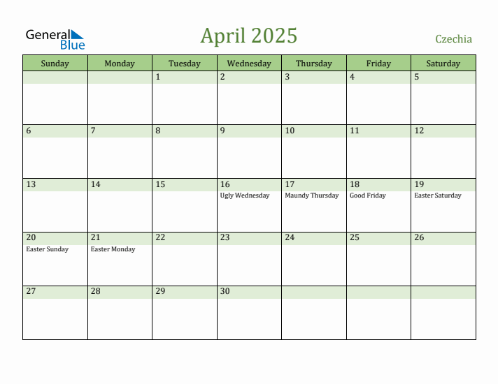 April 2025 Calendar with Czechia Holidays