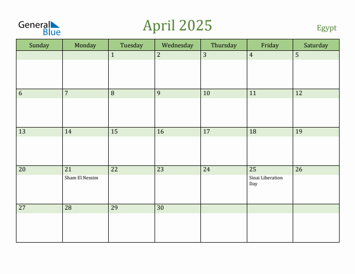 April 2025 Calendar with Egypt Holidays