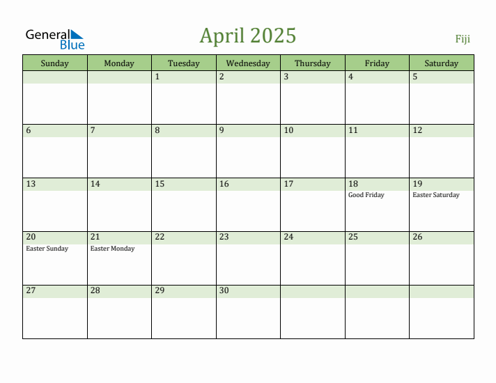 April 2025 Calendar with Fiji Holidays