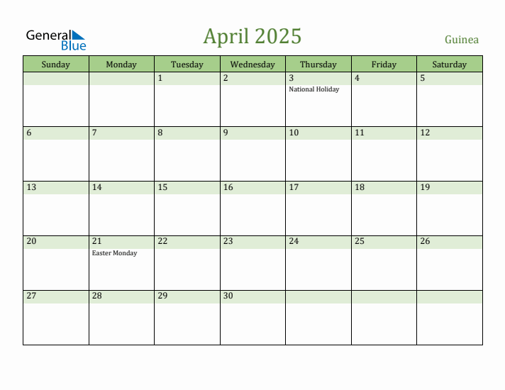 April 2025 Calendar with Guinea Holidays
