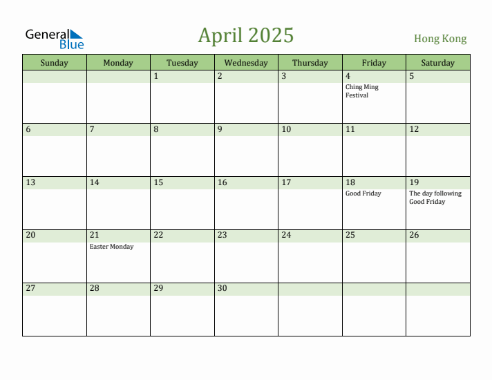 April 2025 Calendar with Hong Kong Holidays