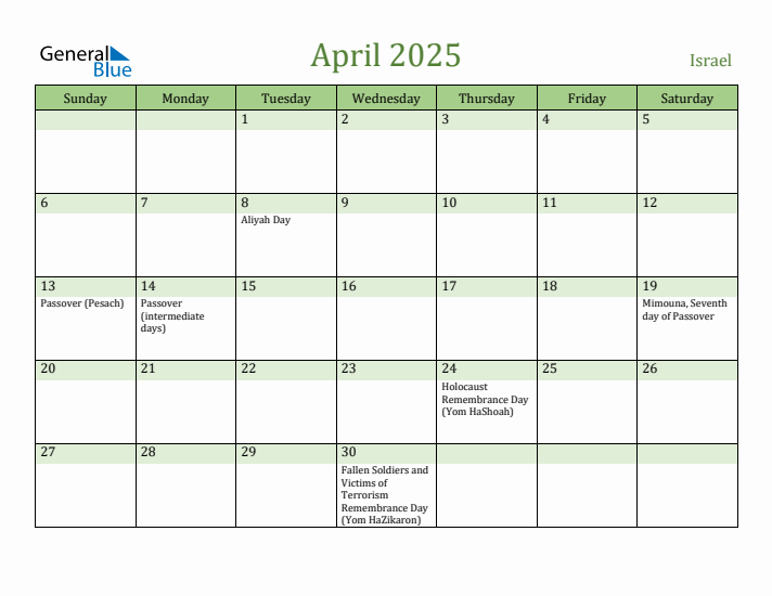 April 2025 Calendar with Israel Holidays