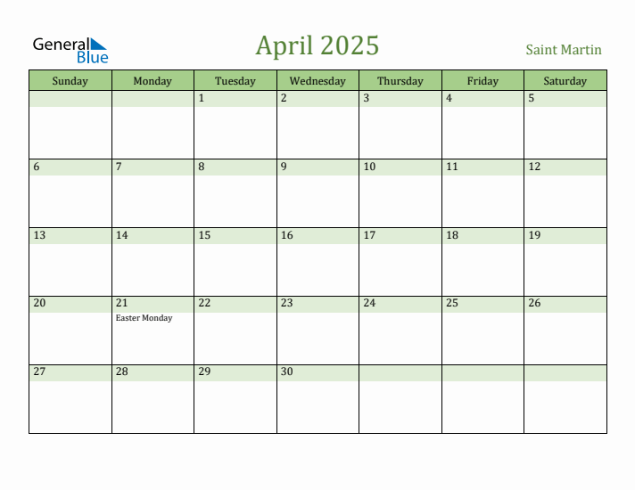 April 2025 Calendar with Saint Martin Holidays