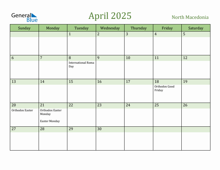 April 2025 Calendar with North Macedonia Holidays