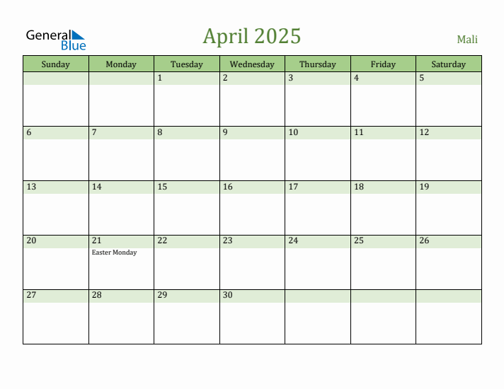 April 2025 Calendar with Mali Holidays