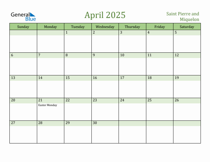 April 2025 Calendar with Saint Pierre and Miquelon Holidays