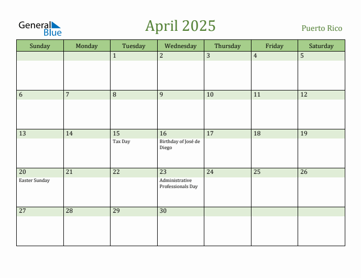 April 2025 Calendar with Puerto Rico Holidays