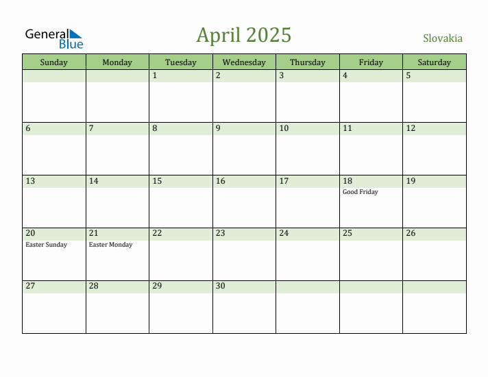 April 2025 Calendar with Slovakia Holidays