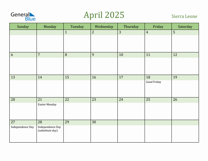April 2025 Calendar with Sierra Leone Holidays