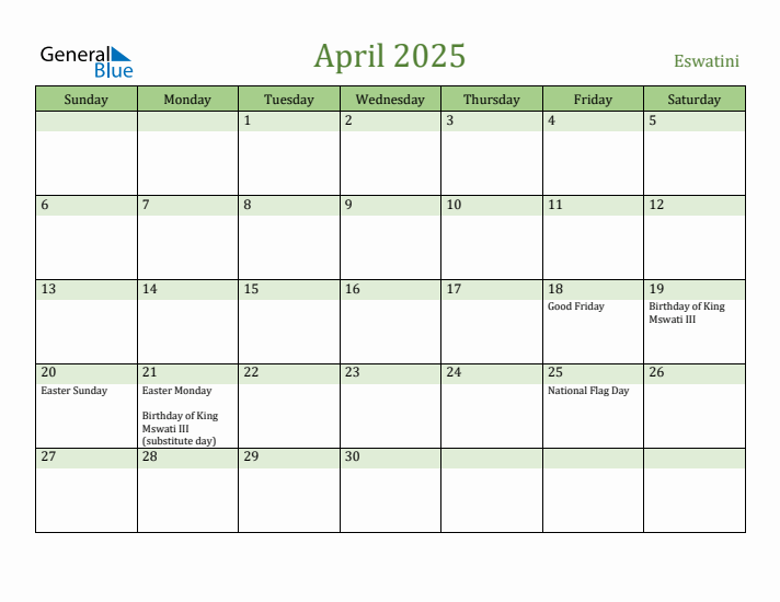 April 2025 Calendar with Eswatini Holidays