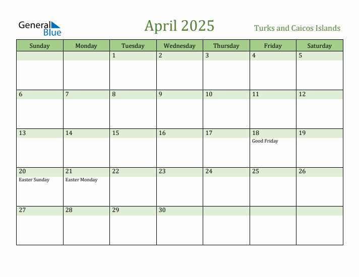 April 2025 Calendar with Turks and Caicos Islands Holidays
