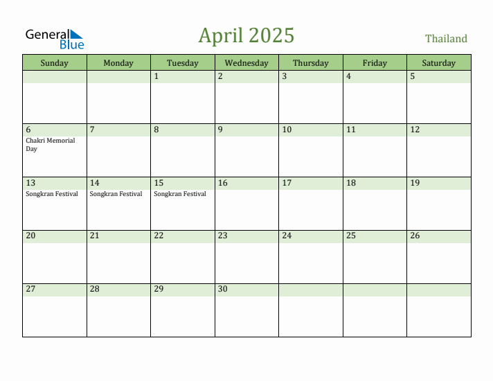 April 2025 Calendar with Thailand Holidays
