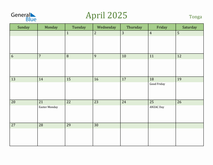 April 2025 Calendar with Tonga Holidays
