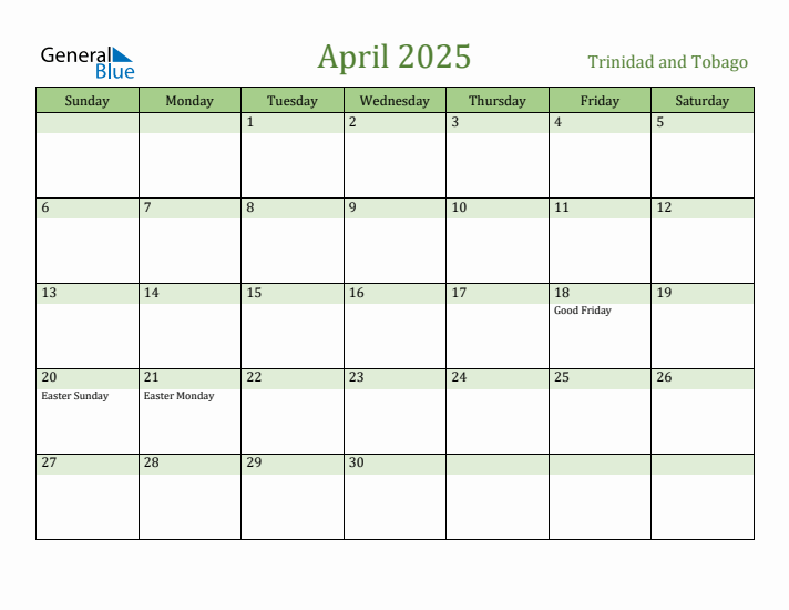 April 2025 Calendar with Trinidad and Tobago Holidays