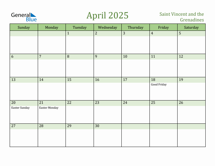 April 2025 Calendar with Saint Vincent and the Grenadines Holidays