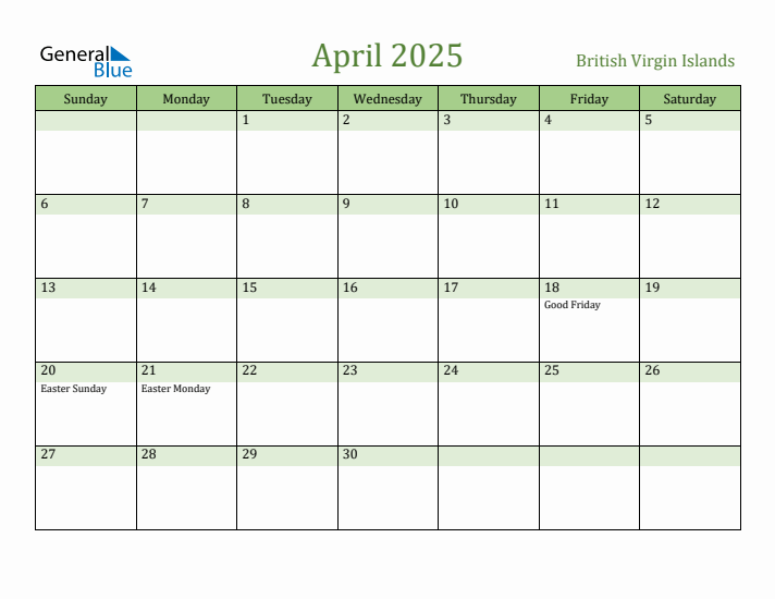 April 2025 Calendar with British Virgin Islands Holidays