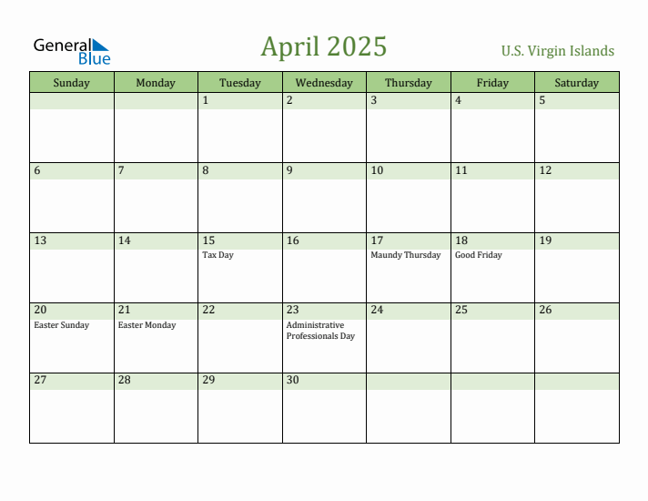 April 2025 Calendar with U.S. Virgin Islands Holidays