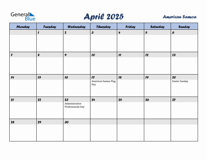 April 2025 Calendar with Holidays in American Samoa