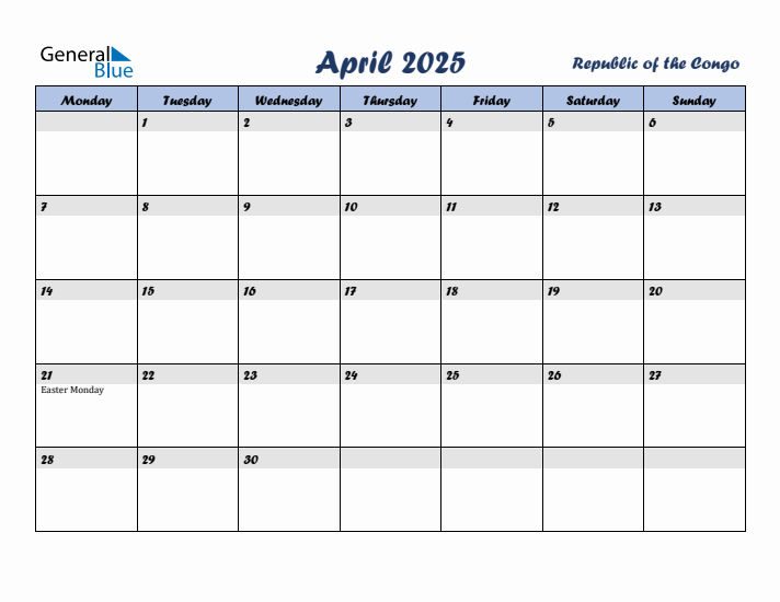 April 2025 Calendar with Holidays in Republic of the Congo