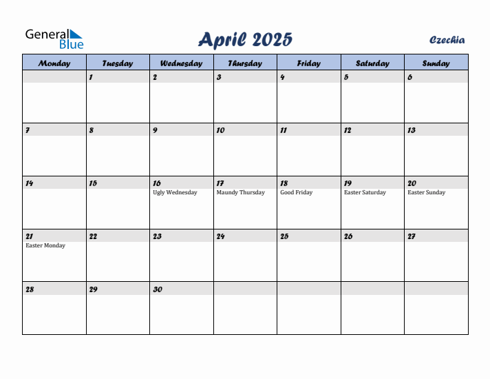 April 2025 Calendar with Holidays in Czechia