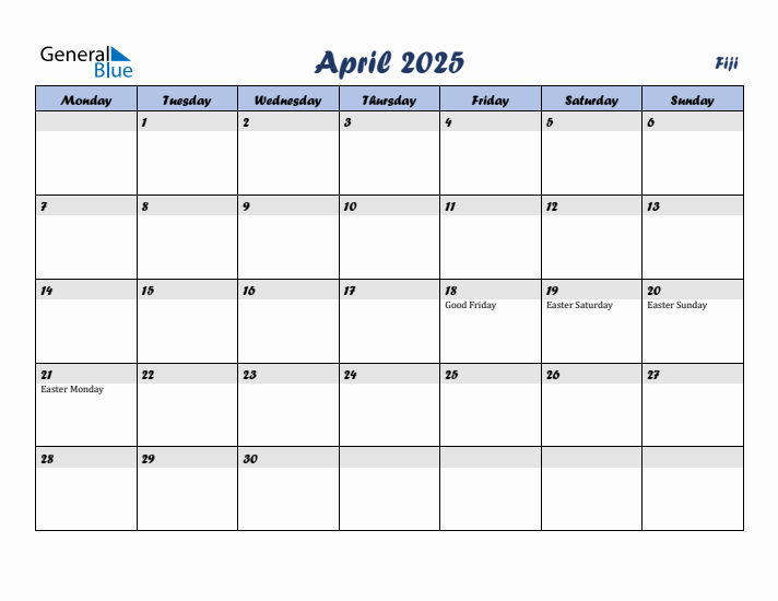 April 2025 Calendar with Holidays in Fiji