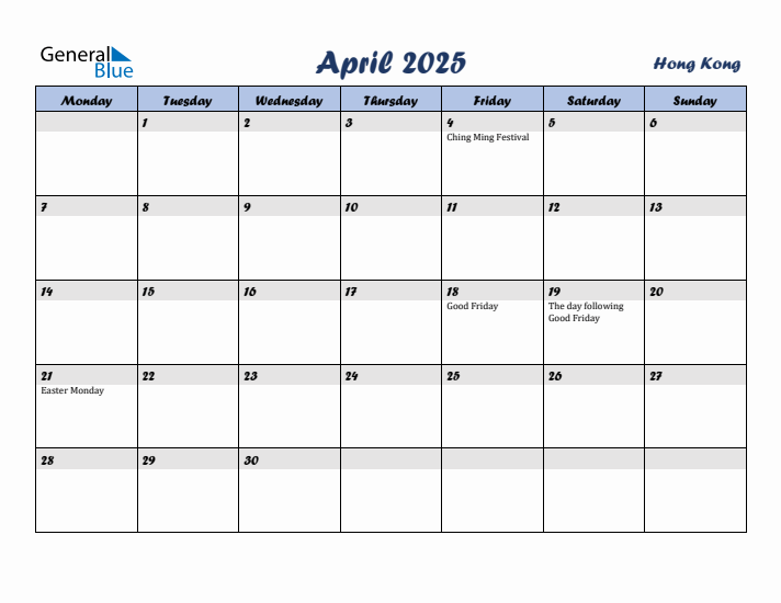 April 2025 Calendar with Holidays in Hong Kong