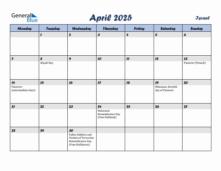 April 2025 Calendar with Holidays in Israel
