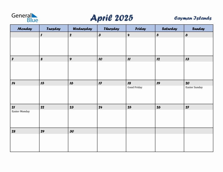 April 2025 Calendar with Holidays in Cayman Islands