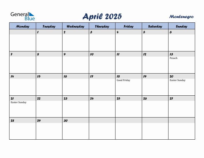 April 2025 Calendar with Holidays in Montenegro