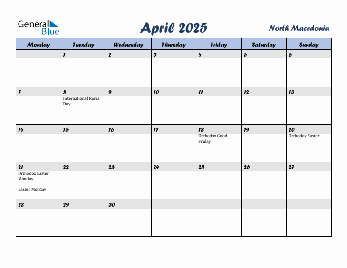 April 2025 Calendar with Holidays in North Macedonia