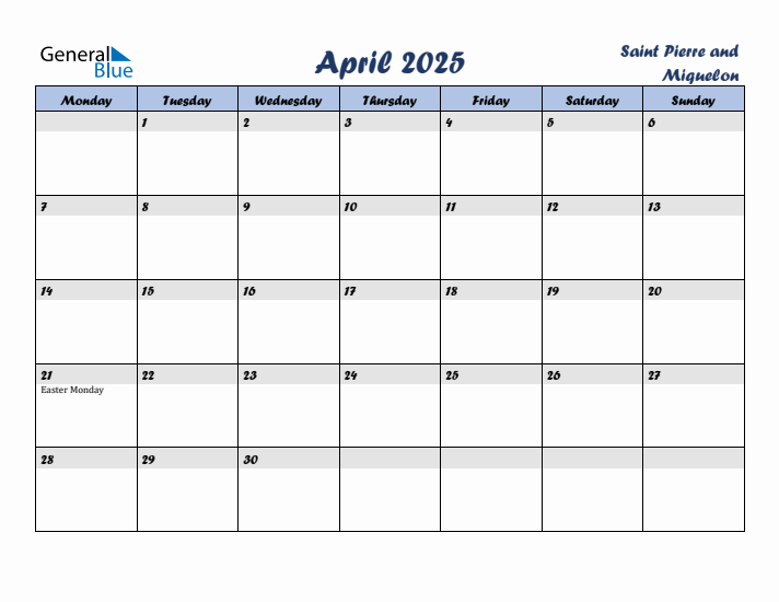April 2025 Calendar with Holidays in Saint Pierre and Miquelon