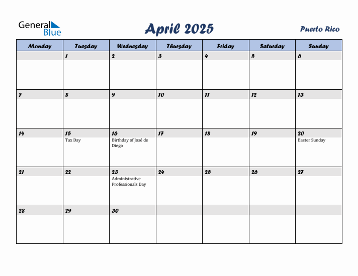 April 2025 Calendar with Holidays in Puerto Rico