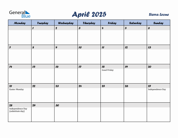 April 2025 Calendar with Holidays in Sierra Leone