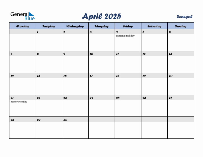 April 2025 Calendar with Holidays in Senegal