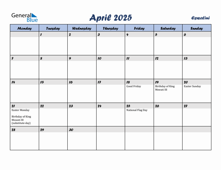 April 2025 Calendar with Holidays in Eswatini