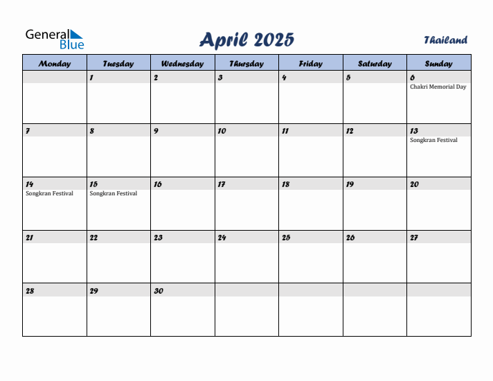 April 2025 Calendar with Holidays in Thailand