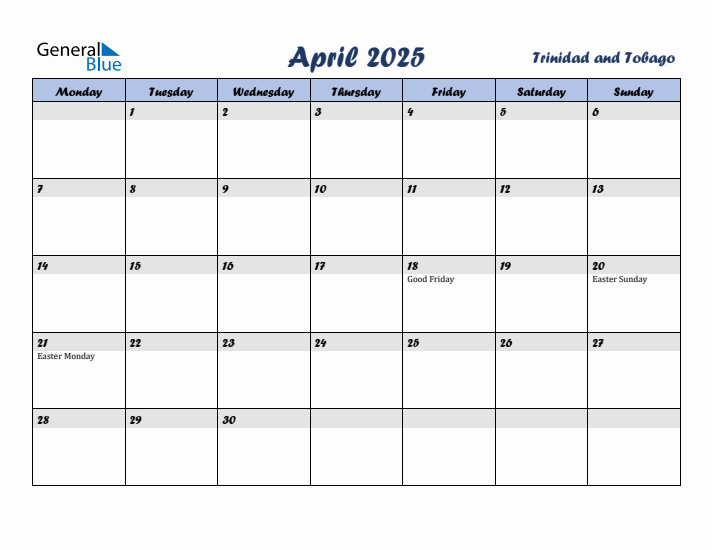 April 2025 Calendar with Holidays in Trinidad and Tobago