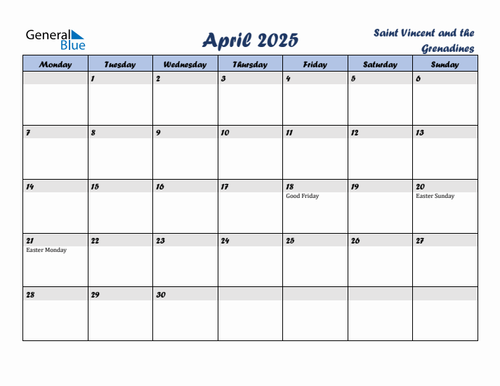 April 2025 Calendar with Holidays in Saint Vincent and the Grenadines