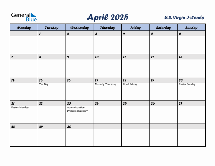 April 2025 Calendar with Holidays in U.S. Virgin Islands