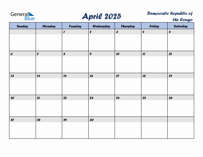 April 2025 Calendar with Holidays in Democratic Republic of the Congo