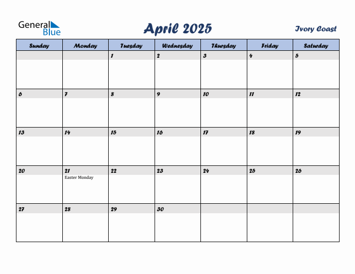 April 2025 Calendar with Holidays in Ivory Coast