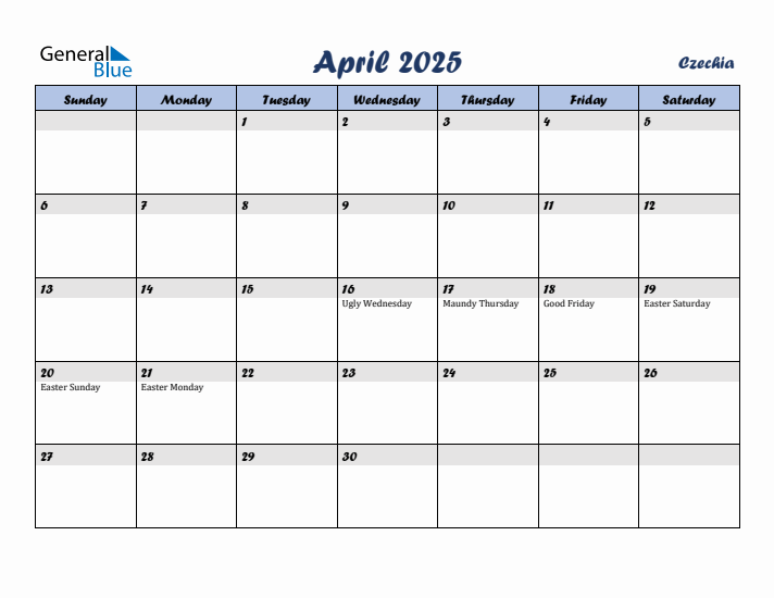 April 2025 Calendar with Holidays in Czechia