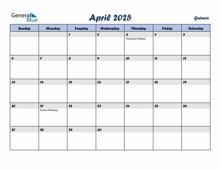 April 2025 Calendar with Holidays in Guinea