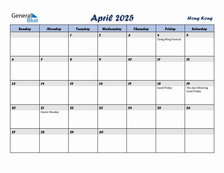 April 2025 Calendar with Holidays in Hong Kong
