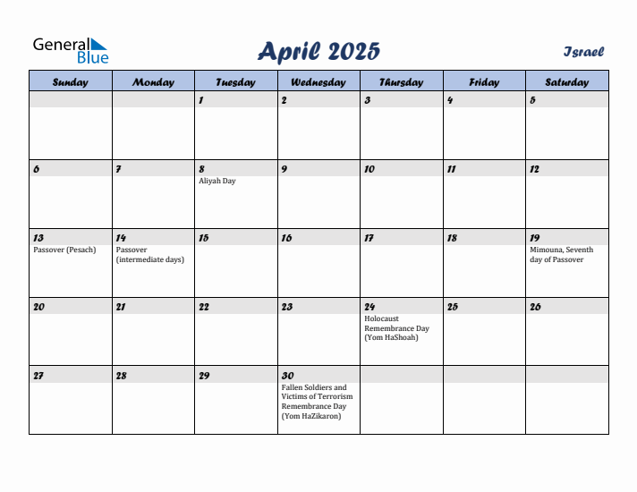 April 2025 Calendar with Holidays in Israel